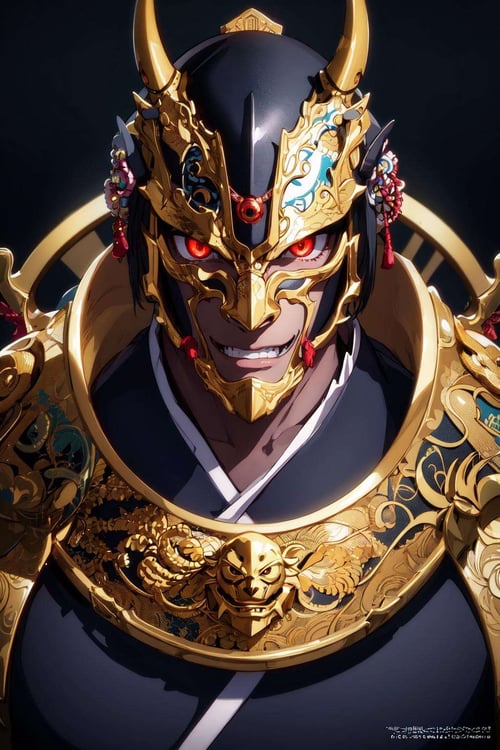 best quality, masterpiece, high quality, 1man, samurai armor, helmet oni evil mask,intricate, ornaments detailed, cold colors, metal, egypician detail, highly intricate details, realistic light, trending on cgsociety, glowing eyes, facing camera, neon details, ultra realistic details, portrait full body, japanese atmosphere, global illumination, shadows, octane render, 8k, ultra sharp