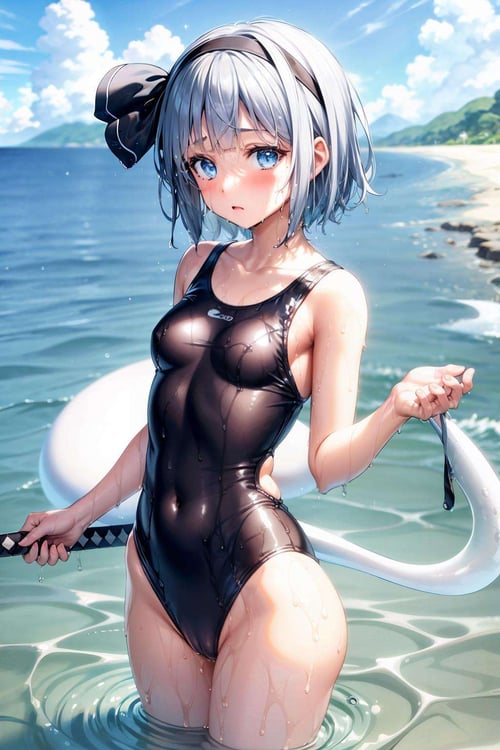 masterpiece, best quality,  <lora:youmu:1>,1girl, konpaku youmu, solo, swimsuit, white one-piece swimsuit, white hair, weapon, one-piece swimsuit, blue eyes, sword, school swimsuit, beach, short hair, dutch angle, konpaku youmu (ghost), hairband, outdoors, day, katana, black hairband, see-through, water, small breasts, breasts, wet, sky, ocean, collarbone, looking at viewer, ribbon, blush, covered navel, hair ribbon, cloud, wading, standing, sheath, navel, wet clothes, cameltoe, hitodama, sheathed, scabbard