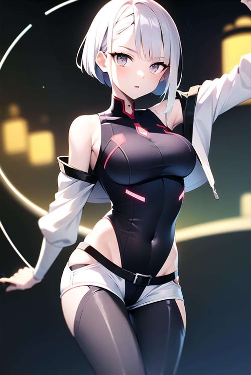 lucy \(cyberpunk\), 1girl, arm up, asymmetrical hair, belt, bodysuit, covered mouth, covered navel, detached sleeves, grey eyes, hip vent, holding, holding weapon, looking at viewer, night, night sky, pouch, short hair, sky, solo, weapon, white hair, wire, short shorts, shorts, open jacket, <lora:lucy-000035:0.6>