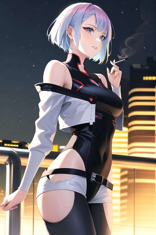 lucy \(cyberpunk\), 1girl, against railing, arm rest, bangs, bare shoulders, belt, black belt, black leotard, black pants, blurry, bob cut, breasts, building, cigarette, cityscape, clothing cutout, cropped jacket, cyberpunk, depth of field, from side, gradient eyes, grey eyes, grey hair, holding, holding cigarette, jacket, leotard, lips, long sleeves, looking afar, looking ahead, mechanical parts, medium breasts, multicolored eyes, multicolored hair, night, night sky, off shoulder, open clothes, open jacket, outdoors, pants, parted lips, railing, red eyeliner, science fiction, short hair with long locks, short shorts, shorts, sidelocks, sky, smoke, smoking, solo, standing, teeth, thigh cutout, upper teeth only, white jacket, white shorts, cyberpunk \(series\), cyberpunk edgerunners<lora:lucy-000035:0.6>