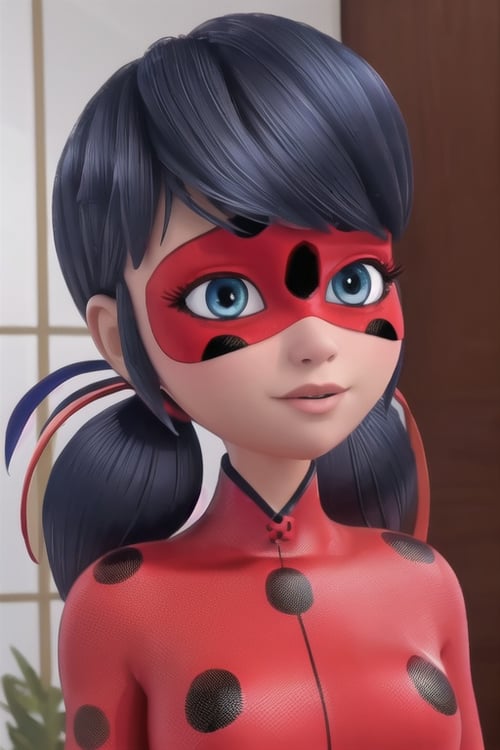 (8k, RAW photo, best quality, masterpiece:1.2), (intricate details), perfect eyes, perfect face, perfect lighting, beautiful, (masterpiece:1.2), (best quality:1.2), 1girl, solo, marinette, ladybug, blue hair, two ponytails, red and black mask, lady bug outfit, <lora:marinette-10:0.9>, (full body portrait)
