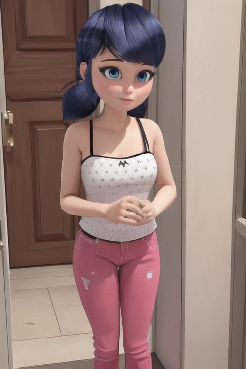 (8k, RAW photo, best quality, masterpiece:1.2), (intricate details), perfect eyes, perfect face, perfect lighting, beautiful, (masterpiece:1.2), (best quality:1.2), 1girl, solo, marinette, blue hair, ponytails, (full body), <lora:marinette-10:0.75>