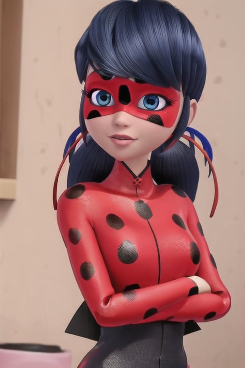 (8k, RAW photo, best quality, masterpiece:1.2), (intricate details), perfect eyes, perfect face, perfect lighting, beautiful, (masterpiece:1.2), (best quality:1.2), 1girl, solo, marinette, ladybug, blue hair, ponytails, red and black mask, lady bug outfit, <lora:marinette-10:0.9>