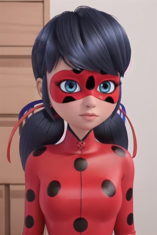 (8k, RAW photo, best quality, masterpiece:1.2), (intricate details), perfect eyes, perfect face, perfect lighting, beautiful, (masterpiece:1.2), (best quality:1.2), 1girl, solo, marinette, ladybug, blue hair, ponytails hair, red and black mask, lady bug complete suit, ladybug complete outfit, <lora:marinette-10:0.85>, (full body portrait)