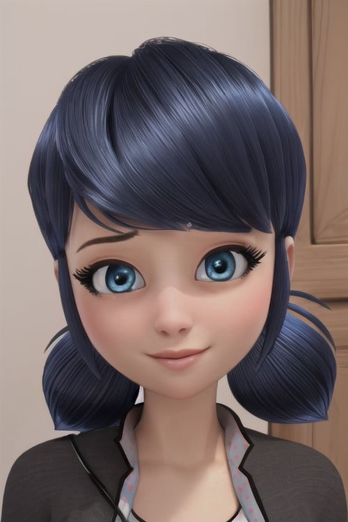 (8k, RAW photo, best quality, masterpiece:1.2), (intricate details), perfect eyes, perfect face, perfect lighting, beautiful, (masterpiece:1.2), (best quality:1.2), 1girl, solo, marinette, blue hair, ponytails,  <lora:marinette-10:0.85>