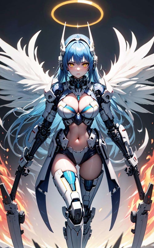 <lora:aMechaMusumeA_v1:1>,mecha musume,headgear,mechanical arms,long blue hair,1girl,large breasts,cleavage,navel,masterpiece,outer space,stars,galaxy,yellow eyes,neon armor,halo,angel wings,stern expression,flames,neon hair highlights,(walking toward viewer)