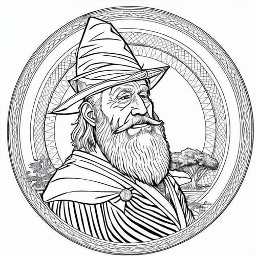 a beautiful drawing of  Wizard ,  highest quality, art by coloring-book-style, ((white background)), b&w