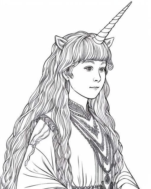 a beautiful drawing of a Ashamed  girl  in The Kingdom of the Unicorn ,  highest quality, art by coloring-book-style, ((white background)), b&w