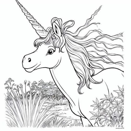 a beautiful drawing of a Frightened  boy  in The Kingdom of the Unicorn ,  highest quality, art by coloring-book-style, ((white background)), b&w