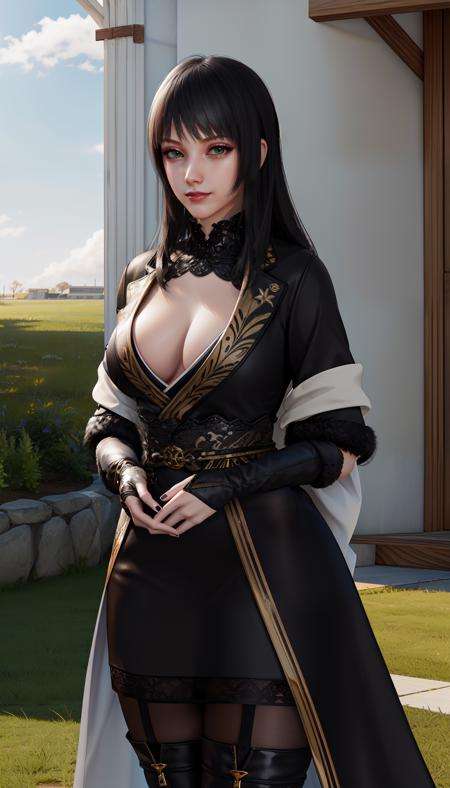 (Masterpiece, High Quality:1.3), stunning hyperrealistic, (3D:0.65), cycle render, trending on cg society, intricate Details, field of view, (sharp focus:0.9), soft egdes, (cinematic lighting:1.1), vibrant colors,Gentiana, mature female, (Alluring Gaze:1.05), smiling, (outside:1.1), garden background, grass, blue sky, serenity atmosphere, (cowboy shot, very closeup:1.2),black hair, hime cut, blunt bangs, lipstick, makeup, black eyeshadow, eyelashes, (ultra detail hair:1.1), ultra realistic hair, ultra detail face, green eyes, (perfect eyes, perfect face:1.2),japanese clothes, black dress, black skirt, intricate cloth ornament, pantyhose, thighhighs, thigh boots, toeless footwear, fingerless gloves, elbow gloves,(Large Breasts:1.2), cleavage  <lora:Gentiana-000009:0.9>