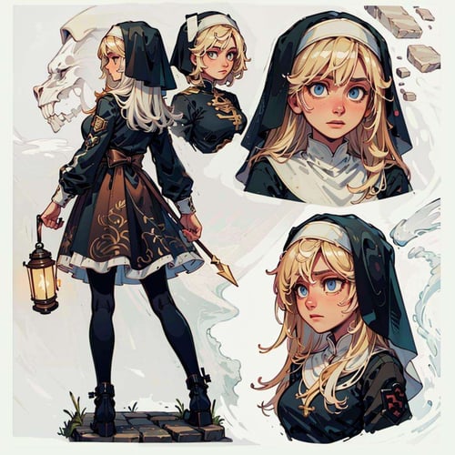 (CharacterSheet:1),1girl, nun, white long hair, blue eyes, big breast, lantern, (multiple views, full body, upper body, reference sheet:1), back view, front view,(white background, simple background:1.2),(dynamic_pose:1.2),(masterpiece:1.2), (best quality, highest quality), (ultra detailed), (8k, 4k, intricate), (50mm), (highly detailed:1.2),(detailed face:1.2), detailed_eyes,(gradients),(ambient light:1.3),(cinematic composition:1.3),(HDR:1),Accent Lighting,extremely detailed,original, highres,(perfect_anatomy:1.2), <lora:CharacterDesign_Concept-10:0.55> <lora:996benshiLora_v10:0.8>