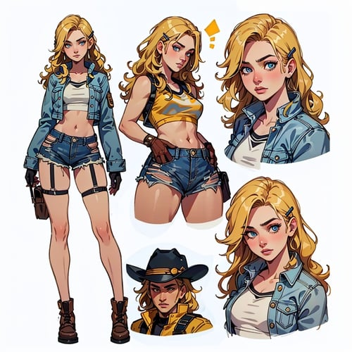 (CharacterSheet:1), 1girl, (messy hair, blonde, long hair, hair clip, blue eyes), (jeans shorts, crop top, denim jacket, garter, american flag),(yellow gloves:1), fight pose, (multiple views, full body, upper body, reference sheet:1),(simple background, white background),(masterpiece:1.2), (best quality, highest quality), (ultra detailed), (8k, 4k, intricate),(full-body-shot), (Cowboy-shot:1.4), (50mm), (highly detailed:1.2),(detailed face:1.2), detailed_eyes,(gradients),(ambient light:1.3),(cinematic composition:1.3),(HDR:1),Accent Lighting,extremely detailed,original, highres,(perfect_anatomy:1.2),<lora:CharacterDesign_Concept-10:0.5>