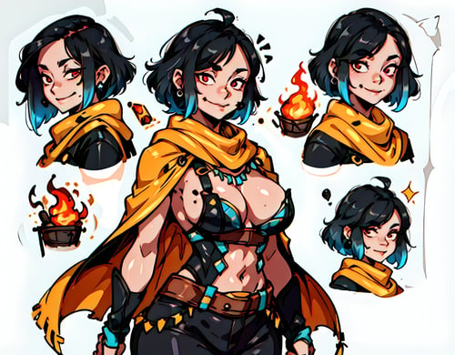 (CharacterSheet:1), 1girl, (very short hair, black hair, mole under mouth, multicolored eyes:1.3), (shirt, ornaments, scarf, pants, black boots, necklace, cape) (milf, tomboy, big breast, very curvy, light smile:1.3), cute pose, (multiple views, full body, upper body, reference sheet:1), (color palette reference:1), (fantasy clothes:1.3), (fire:1.3),(simple background, white background),(masterpiece:1.2), (best quality, highest quality), (ultra detailed), (8k, 4k, intricate),(full-body-shot), (Cowboy-shot:1.4), (50mm), (highly detailed:1.2),(detailed face:1.2), detailed_eyes,(gradients),(ambient light:1.3),(cinematic composition:1.3),(HDR:1),Accent Lighting,extremely detailed,original, highres,(perfect_anatomy:1.2),<lora:CharacterDesign_Concept-10:0.5>