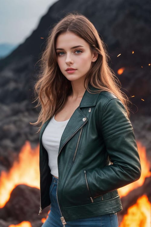 RAW photo, beautiful caucasian woman in front of a volcanic lavas, very near to lava, ashes flying in the air, burning hair, dark worn leather jacket and medieval clothes, dark green eyes, outside, (high detailed skin:1.2),8k uhd,dslr,soft lighting,high quality,film grain,Fujifilm XT3