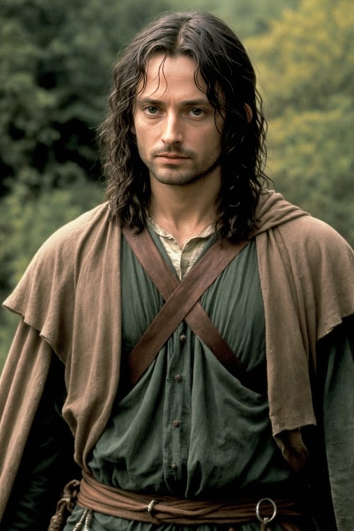 photo of the warrior Aragorn from Lord of the Rings, film grain