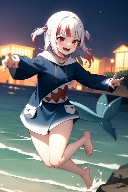 2d, masterpiece, best quality, anime, highly detailed, full body, 1girl, solo, gura_red, red eyes, red hair, streaked hair, black hoodie, two side up, shark hair ornament, sharp teeth, evil smile, shark tail, barefoot, dynamic pose, ocean, night