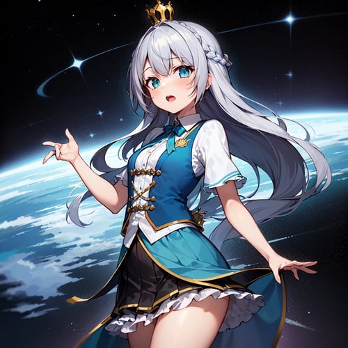 1girl, solo, panorama, space, dusk, singing, gray hair, long hair, crown braid, french braid, gradient eyes, petite, mature female, small breasts, (blue vest, layered skirt), open mouth