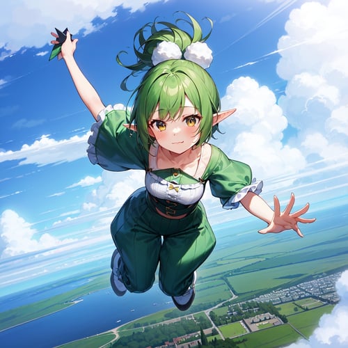1girl, solo, from above, plane, day, clouds, jumping, green hair, very short hair, topknot, two-tone eyes, elf, pointy ears, small breasts, (wide sleeves, frilled shirt, pom-pom pants), :\3
