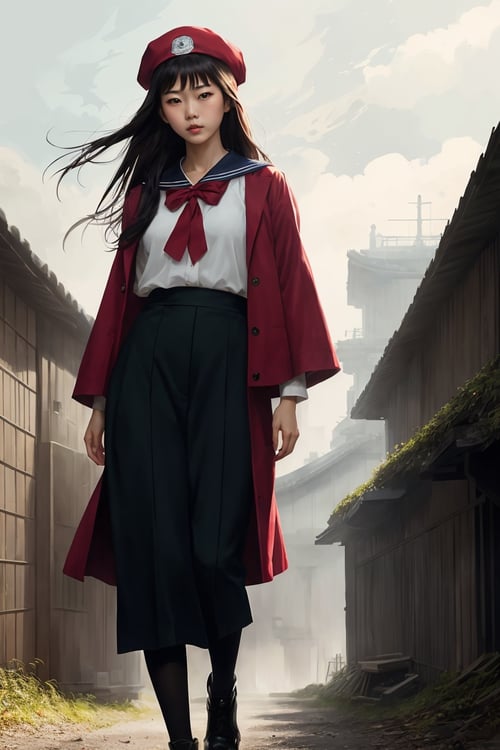 capitals girl with a sailor red cap, asian, red and black color clothes anime key visual full body portrait character concept art, commander with flowing brunette hair green eyes,long straight black hair, brutalist grimdark fantasy, kuudere noble dictator, trending pixiv fanbox, rule of thirds golden ratio, by greg rutkowski wlop makoto shinkai takashi takeuchi studio ghibli jamie wyeth,bw, (natural skin texture, hyperrealism, soft light, sharp)
