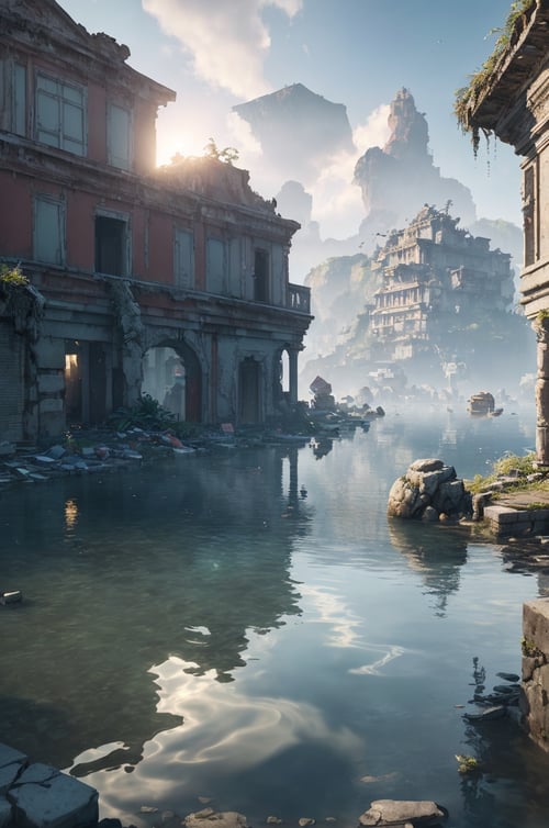 (8k, RAW photo, best quality, masterpiece:1.2), (realistic, photo-realistic:1.37), octane render, ultra high res, ultra-detailed , professional lighting, photon mapping, radiosity, physically-based rendering, ue5, ((island sanctuary)), ((ancient fallen kingdom)), ((reflections in water)), ((raytracing)), ((drowned city))