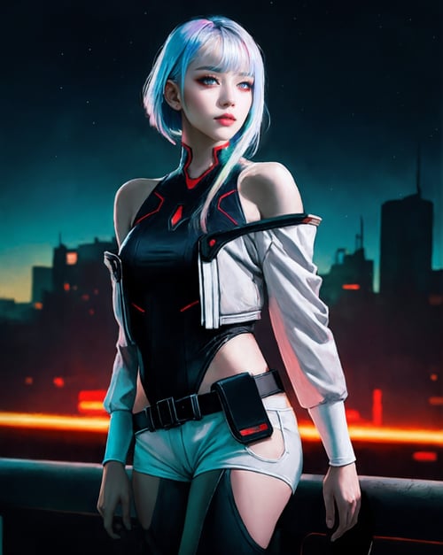 masterpiece, (photorealistic:1.4), best quality, beautiful lighting, (ulzzang-6500:0.5), lucy \(cyberpunk\), 1girl, white hair, against railing, arm rest, bangs, bare shoulders, belt, black belt, black leotard, black pants, blurry, bob cut, breasts, building, cityscape, clothing cutout, (cropped jacket), cyberpunk, depth of field, from side, gradient eyes, grey eyes, grey hair, white jacket, leotard, lips, long sleeves, looking afar, looking ahead, (mechanical parts), medium breasts, multicolored eyes, multicolored hair, night, night sky, off shoulder, open clothes, open jacket, outdoors, pants, parted lips, railing, red eyeliner, science fiction, short hair with long locks, short shorts, shorts, sidelocks, sky, solo, standing, teeth, thigh cutout, upper teeth only, white jacket, white shorts, cyberpunk \(series\), cyberpunk edgerunners, RAW photo, 8k uhd, film grain, cosplay, white wig, night, neon lights,,,, <lora:lucy_offset:1.21>