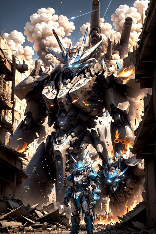 masterpiece, best quality, mecha, no humans, black armor, blue eyes, science fiction, fire, laser canon beam, war, conflict, destroyed city background, <lora:nijiMecha:1.2:MIDD>