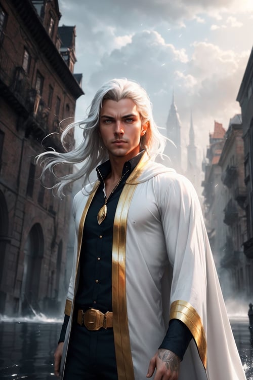 portrait of a handsome young male wizard, white wizard shirt with golden trim, white robe moving in the wind, long white hair, fully clothed, perfect face, handsome, (perfect composition:1.4), deviantart hd, artstation hd, concept art, detailed face and body, award-winning photography, margins, detailed face,backlight, 12k ultrarealistic, ray tracing, intense gaze, looking at the viewer, cinematic lighting, art by Grzegorz Rutkowski, embers, high fantasy background, action pose, water splash, misty