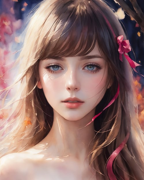 (8k, best quality, masterpiece:1.2),(best quality:1.0), (ultra highres:1.0), watercolor, a beautiful woman, shoulder, hair ribbons, by agnes cecile, half body portrait, extremely luminous bright design, pastel colors, (ink:1.3), autumn lights