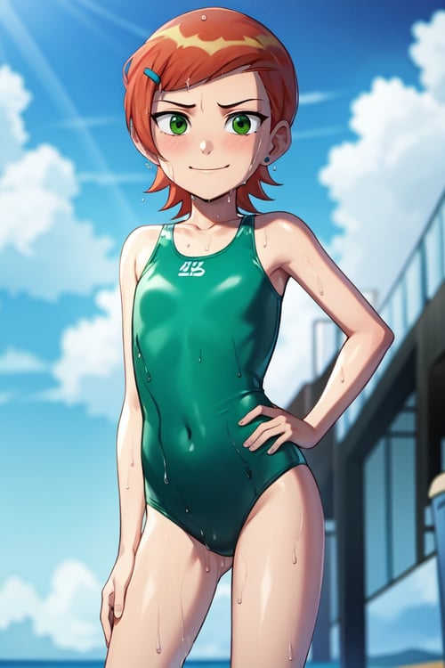 masterpiece, best quality, <lora:GwenLuckyGirl-15:1>  ,1girl, Gwendolyn_Tennyson, solo, smirk , standing, swimsuit, outdoors, sky, day, cloud, hand on hip, one-piece swimsuit, beach, , (green one-piece swimsuit, wet:1.2) 