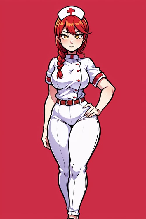 1GIRL, (thick_hips:0.8), golden_eyes, red_hair, braided_hair, white nurse_outfit, standing, looking_at_viewer, hands on waist, full_body, sexy, beautiful, perfect, attractive