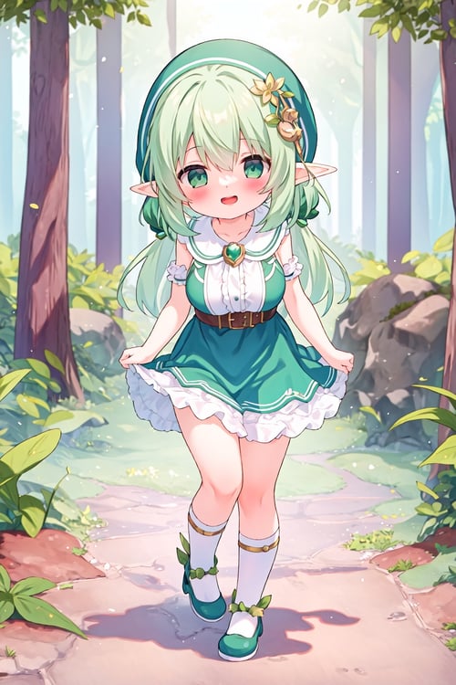masterpiece,high quality,1girl,(solo:1.2),open mouth,happy,looking at viewer,long hair,large breasts,standing,green hair,elf,forest,magic,(loli:1.2),(child:1.2),full body,, <lora:EMS-5300-EMS:1>