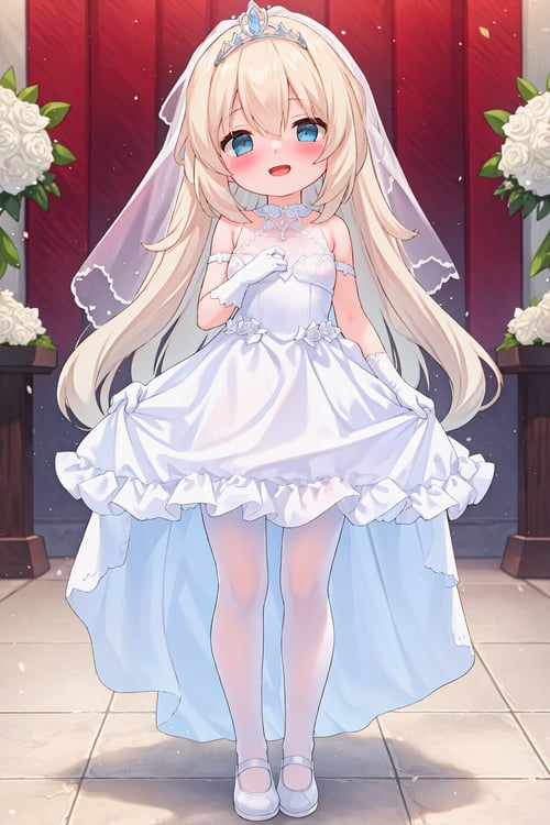 masterpiece,high quality,1girl,(solo:1.2),open mouth,happy,standing,looking at viewer,long hair,(white pantyhose:1.2),full body,bride,tiara,wedding_dress,veil,long dress,white gloves,, <lora:EMS-5265-EMS:1>