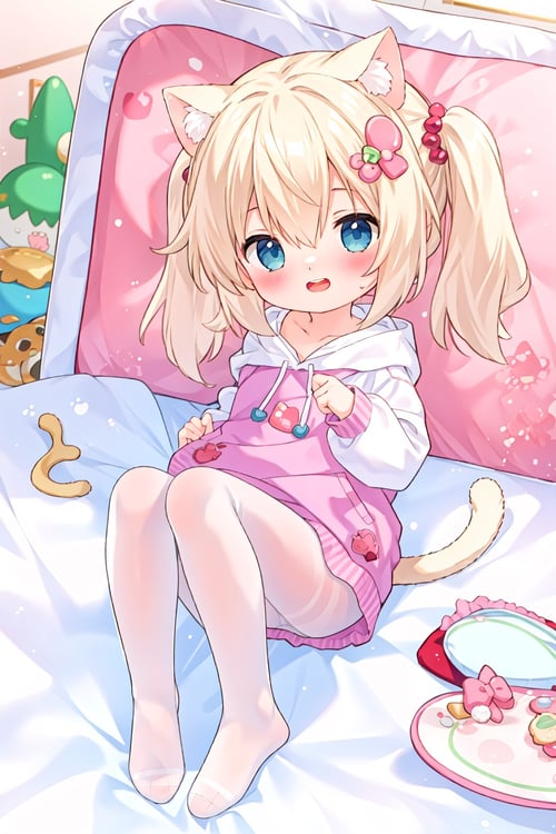 masterpiece,high quality,1girl,(solo:1.2),open mouth,happy,looking at viewer,long hair,(white pantyhose:1.2),full body,cat girl,cat ears,cat tail,hoodie,(loli:1.2),(child:1.2),full body,, <lora:EMS-5300-EMS:1>