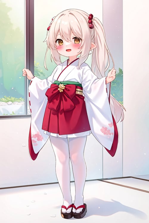 masterpiece,high quality,1girl,(solo:1.2),open mouth,happy,standing,looking at viewer,long hair,(white pantyhose:1.2),full body,kimono,hakama skirt,, <lora:EMS-5265-EMS:1>