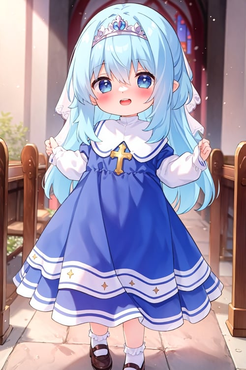 masterpiece,high quality,1girl,(solo:1.2),open mouth,happy,looking at viewer,long hair,standing,blue hair,nun,veil,long_sleeves,church,tiara,(loli:1.2),(child:1.2), <lora:EMS-5300-EMS:1>