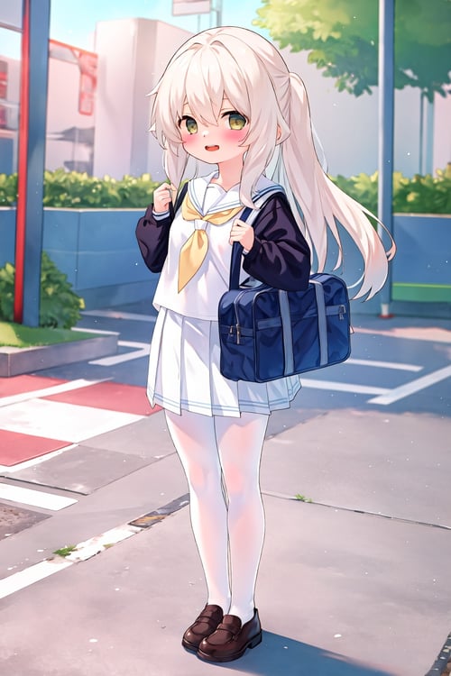masterpiece,high quality,1girl,(solo:1.2),open mouth,happy,standing,looking at viewer,long hair,(white pantyhose:1.2),full body,serafuku,pleated skirt,school bag,, <lora:EMS-5265-EMS:1>