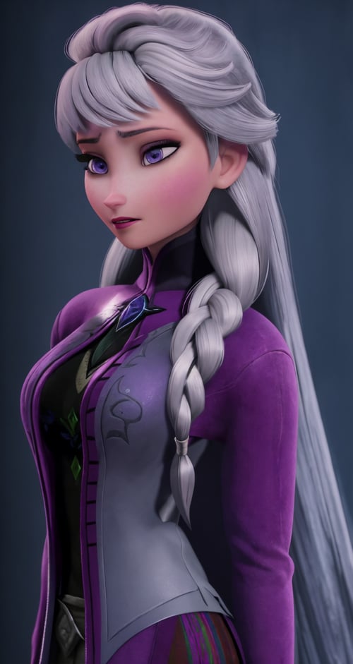 woman, solo, grey hair, dark purple eyes, trucker, middle shot, elsa frozen,rendered in zbrush, masterpiece, professional, high quality, beautiful, amazing, fantasy, DeviantArt, Sweater, absurdly long hair, masterpiece, highres,  4k, detailed background, funny, (sharp:0.8), by Louis Glackens, by Cedric Peyravernay,