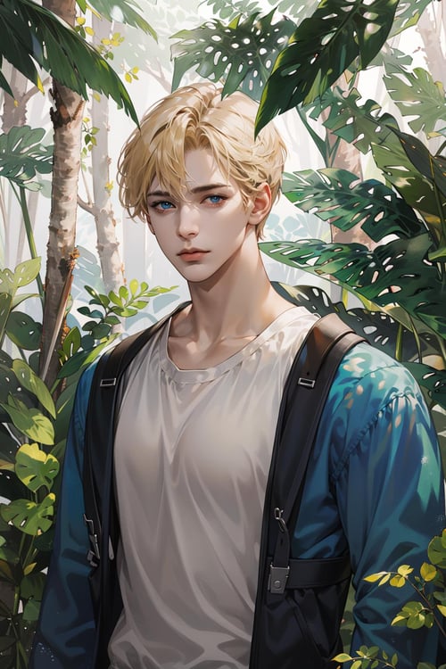 (absurdres, highres, ultra detailed), 1 male, solo, adult, (mature:1.4, aged up:1.4), tall muscular guy, broad shoulders, handsome, angular jaw, thick neck, BREAK, looking at viewer, short blonde hair, blue eyes, long sleeves, forest, trees full of greenery, fluttering leaves, natural light and shadow, Jungle exploration, lots of plants, depth of field, upper body, frontal, <lora:handsome_male-02:0.8:0,0,0,0,0,0,0,0,0,1,0,0,0,0,0,0,0>