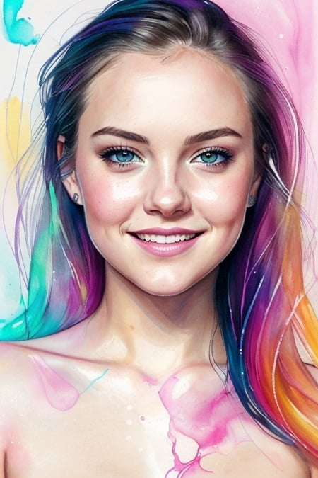 attractive appealing smile Alexis Texas naked by agnes cecile, half body portrait, extremely luminous bright design, (pastel colours), (ink drips:1.1), autumn lights