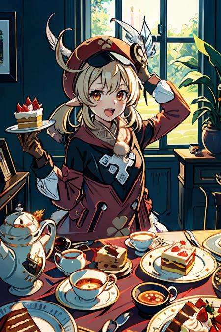 masterpiece, best quality,   <lora:klee:1>,1girl, klee (genshin impact), food, cake, hat, red headwear, gloves, brown gloves, chair, pointy ears, clover print, teacup, cup, bangs, clock, long sleeves, cabbie hat, arm up, hair between eyes, ahoge, light brown hair, fruit, long hair, strawberry, table, solo, twintails, hat feather, fork, sidelocks, plate, low twintails, red coat, open mouth, holding, indoors, looking at viewer, sitting, hat ornament, dodoco (genshin impact), orange eyes, coat, bag, wall clock, teapot, scarf, cake slice, brown scarf, tea, backpack, holding fork, candle, bookshelf, spoon, saucer, window, strawberry shortcake, tiered tray, blonde hair, red eyes, :o, charm (object), jumpy dumpty, feathers, book, candlestand, :d, picture frame, cupcake, tablecloth, analog clock, birthday cake, smile