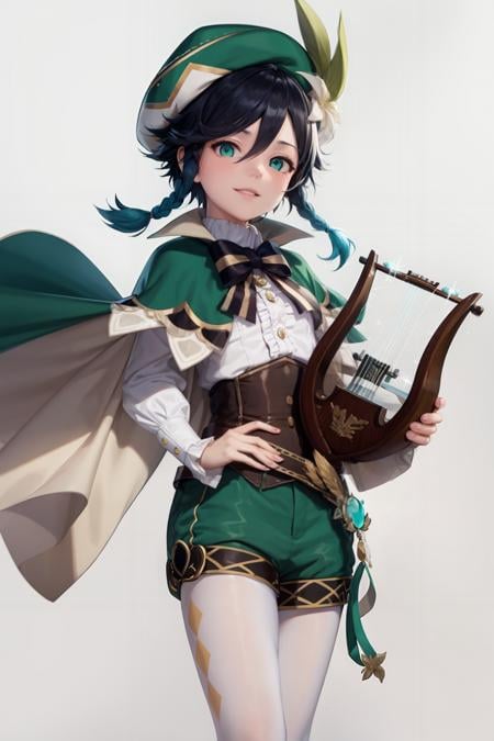 masterpiece, best quality,1boy, male focus, venti (genshin impact), lyre, black hair, hat, smile, braid, long sleeves, twin braids, gradient hair, multicolored hair, instrument, pantyhose, vision (genshin impact), bow, shorts, blue hair, green headwear, beret, white pantyhose, green shorts, collared cape, bangs,shirt, jewelry, looking at viewer, white shirt, brooch, cape, androgynous, frilled sleeves, frills, corset, short hair with long locks,  (grey background:1.4),(kbxll:0.6)