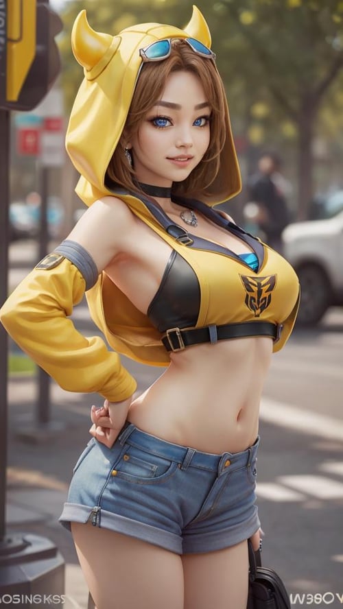 RAW photo, (best quality:1.3), high resolution, (masterpiece), (photorealistic:1.4), professional photography, sharp focus, HDR, 8K resolution, intricate detail, extremely detailed CG unity 8k wallpaper,  <lora:TFBBG:0.6>, TFBBG, 1girl, solo, yellow bikini, yellow hoodie, yellow jacket, yellow shirt, yellow shorts, extremely detailed face, extremely detailed bule eyes:1.2, (smiling:1.3), (PureErosFace_V1:0.3), (naturally sagging enormous breasts:1.1), nice hands, prefect hands,  <lyco:GoodHands-beta2:1.0>
