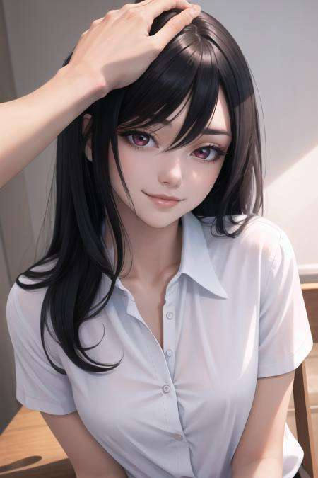 Highly detailed, High Quality, Masterpiece, beautiful, HeadpatPOV, <lora:HeadpatPOV:1>, 1girl, solo, smirk, ^_^, black hair, long hair, shirt, white shirt, red eyes, 