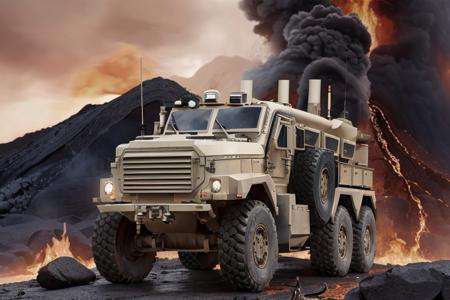 analog (gloomy) (close up shot) photo of a ((6x6 MRAP,  <lora:mr4p:1>)), (surrounded by fire and lava (at night)),  ((nighttime)), volcanic eruption:1.0, sparks, High Detail, Sharp focus, (photorealism), realistic, best quality, 8k, award winning, dramatic lighting, epic, cinematic, masterpiece, rim light, ambient fog:1.3, dutch angle, low angle view, depth of field, rally photography, disaster movie,