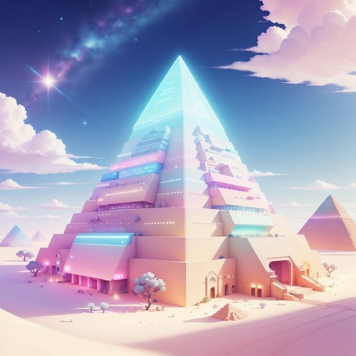 <lora:KawaiiTech-20:1>, kawaiitech,pastel color, kawaii,  cute colors ,scifi,  desert, pyramid \(structure\),blue sky,