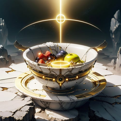 <lora:BlessedTech-20:0.8>, blessedtech , holy aura,  scifisleek,bowl of fruits,glowing
