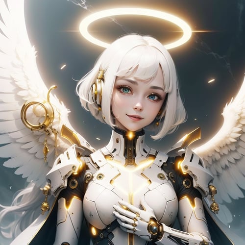 <lora:BlessedTech-20:0.8>, blessedtech ,   holy aura , scifi,angelic, scholar , scroll, 1girl ,long hair, pale skin,white hair, glowing eyes, smile ,closed mouth,bob cut, 