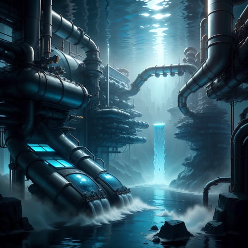 <lora:HydroTech-20:0.8>,hydrotech ,   scifi, water ,pipes, underwater, utopia, city