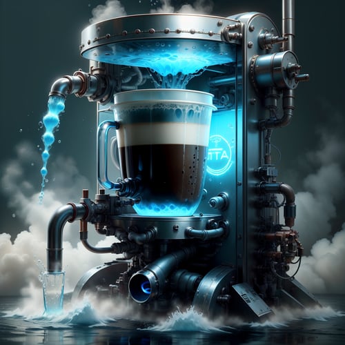 <lora:HydroTech-20:0.8>,hydrotech , scifi,  coffee machine , coffee mug, 