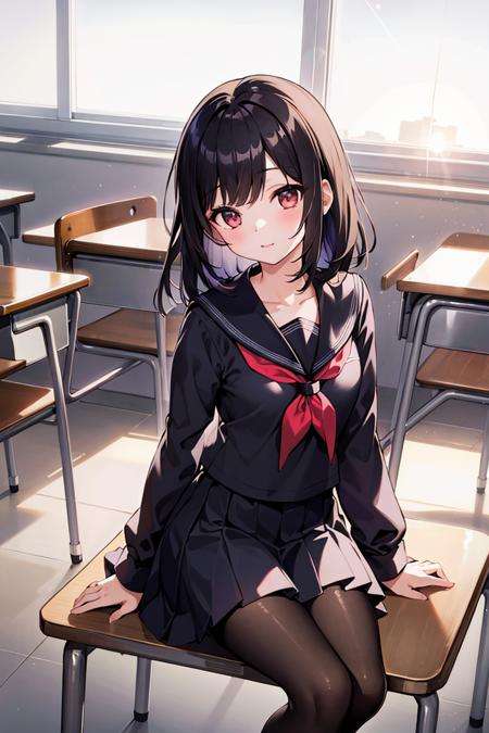 masterpiece, best quality, ultra-detailed, illustration, colorful, lens flare, 1girl, anime, sitting, black hair, looking at viewer, school, classroom, pleated miniskirt, school uniform, serafuku, black pantyhose, detailed skin texture, detailed cloth texture, beautiful detailed face,